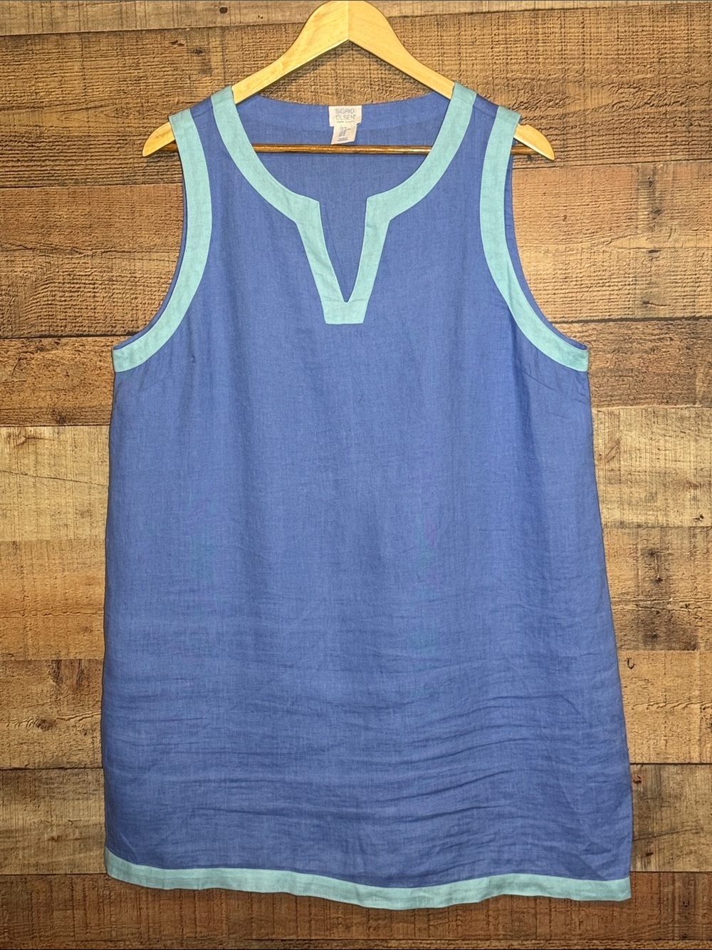 Sigrid Olsen 100% Linen Coastal Mini Shift Dress Blue Teal Trim Preppy Nautical